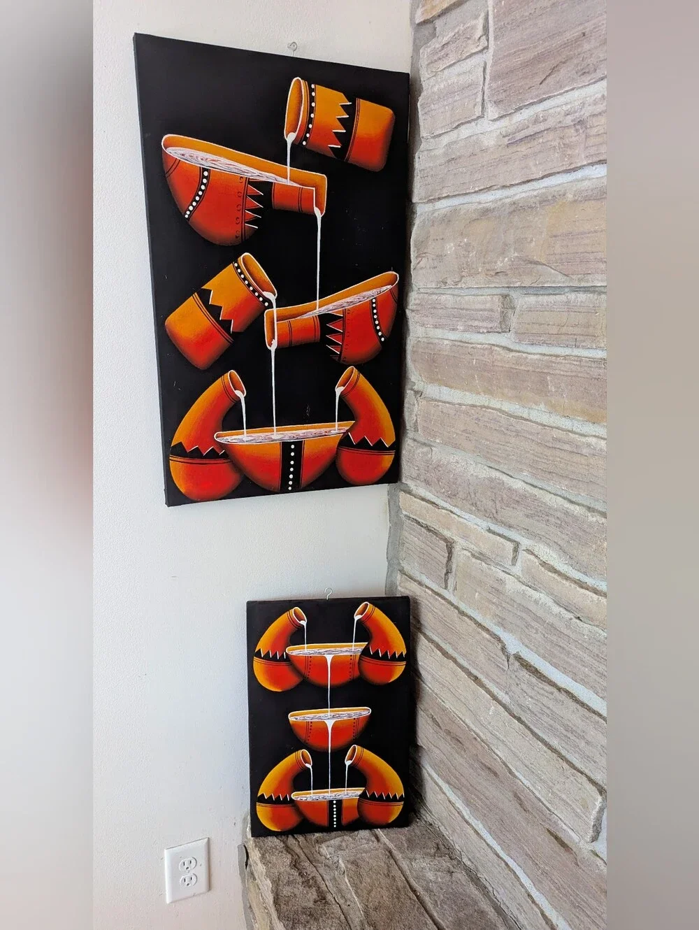 Set of 2 Hand Painted African Oil On Canvas Paintings Tribal Gourd Wall Art